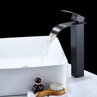 Waterfall Bathroom Sink Mixer Faucet Tall Short, Mono Wash Basin Single Handle Basin Taps, Washroom with Hot and Cold Hose Monobloc Vessel Water Brass Tap Deck Mounted Golden Black