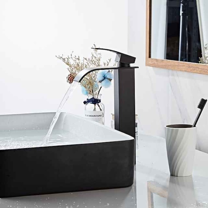 Waterfall Bathroom Sink Mixer Faucet Tall Short, Mono Wash Basin Single Handle Basin Taps, Washroom with Hot and Cold Hose Monobloc Vessel Water Brass Tap Deck Mounted Golden Black