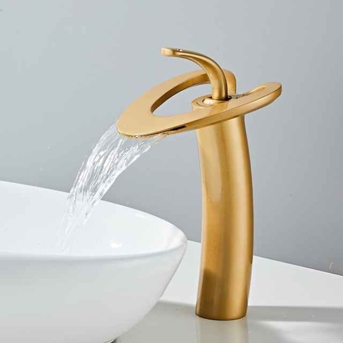 Waterfall Bathroom Sink Mixer Faucet Deck Mounted, Mono Washroom Basin Taps Single Handle Monobloc Vessel Water Brass Tap with Hot and Cold Hose