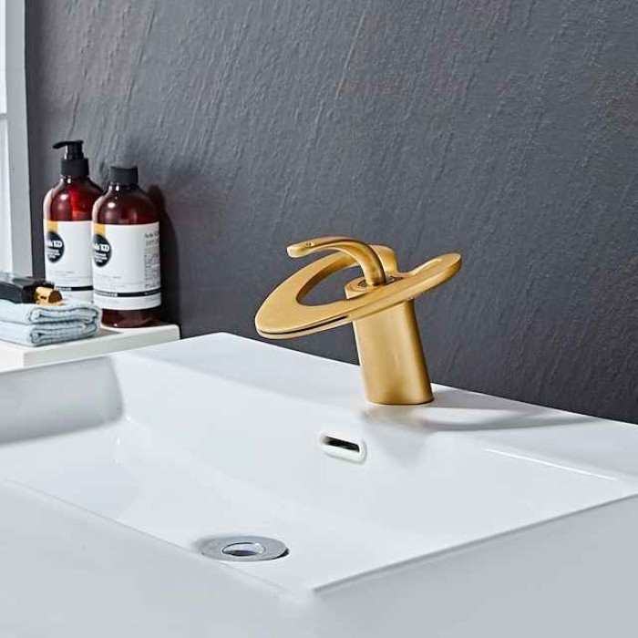 Waterfall Bathroom Sink Mixer Faucet Deck Mounted, Mono Washroom Basin Taps Single Handle Monobloc Vessel Water Brass Tap with Hot and Cold Hose