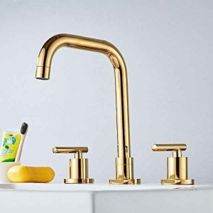 Widespread Bathroom Sink Mixer Faucet Deck Mounted, 360 Swivel Brass 3 Hole 2 Handle Basin Tap, Washroom Basin Vessel Water Tap with Hot and Cold Water Hose