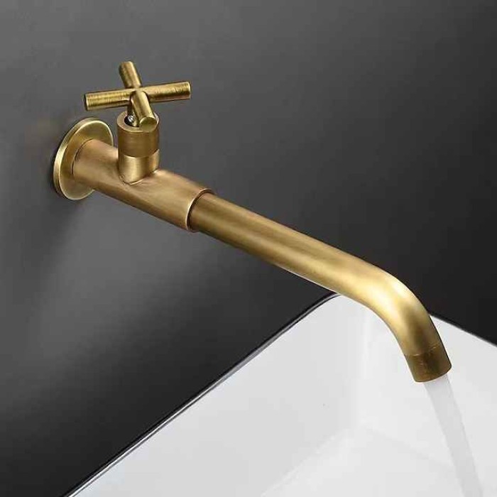 Wall Mounted Bathroom Sink Faucet Cold Water Only, Basin Taps Vintage Brass Single Handles One 3 Hole Washroom Wash Baxin Tap