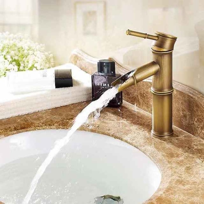 Vintage Bathroom Sink Mixer Faucet Bamboo Shape, Retro Style Monobloc Washroom Basin Taps, Antique Brass Single Handle One Hole Deck Mounted with Hot and Cold Water Hose