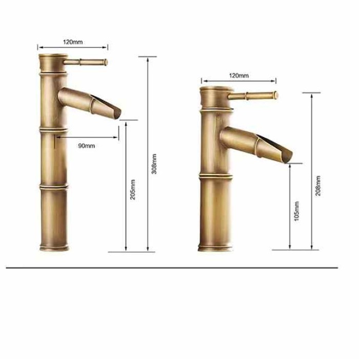 Vintage Bathroom Sink Mixer Faucet Bamboo Shape, Retro Style Monobloc Washroom Basin Taps, Antique Brass Single Handle One Hole Deck Mounted with Hot and Cold Water Hose