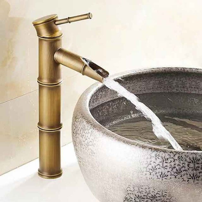 Vintage Bathroom Sink Mixer Faucet Bamboo Shape, Retro Style Monobloc Washroom Basin Taps, Antique Brass Single Handle One Hole Deck Mounted with Hot and Cold Water Hose