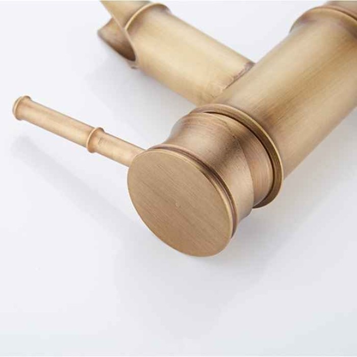 Vintage Bathroom Sink Mixer Faucet Bamboo Shape, Retro Style Monobloc Washroom Basin Taps, Antique Brass Single Handle One Hole Deck Mounted with Hot and Cold Water Hose