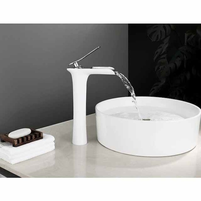 Waterfall Bathroom Sink Mixer Faucet Tall, Mono Wash Basin Single Handle Basin Taps Washroom with Hot and Cold Hose Monobloc Vessel Water Brass Tap Deck Mounted