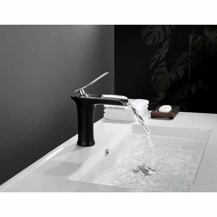 Waterfall Bathroom Sink Mixer Faucet 4.7" Spout, Mono Wash Basin Single Handle Basin Taps Washroom with Hot and Cold Hose, Monobloc Vessel Water Brass Tap Deck Mounted