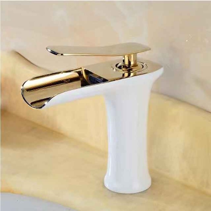 Waterfall Bathroom Sink Mixer Faucet 4.7" Spout, Mono Wash Basin Single Handle Basin Taps Washroom with Hot and Cold Hose, Monobloc Vessel Water Brass Tap Deck Mounted