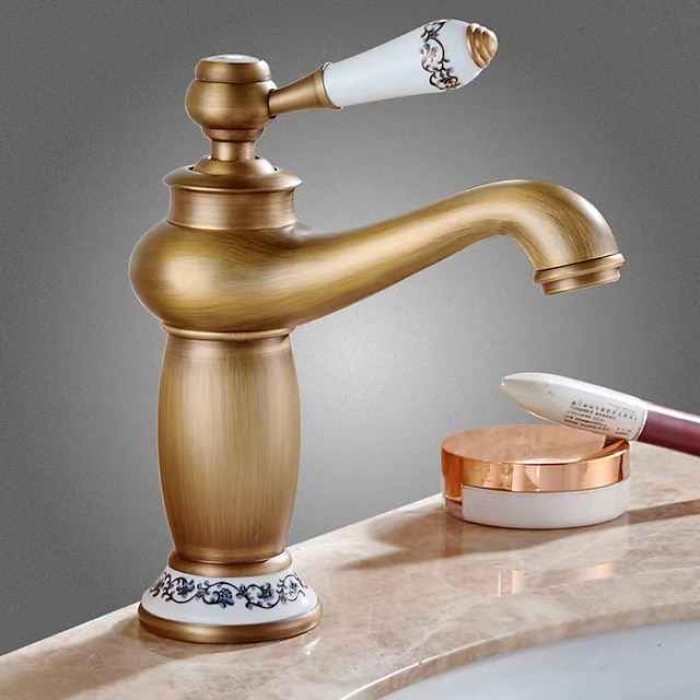 Vintage Bathroom Sink Mixer Faucet, Monobloc Washroom Basin Taps Single Handle One Hole Deck Mounted, Mono Retro Style Water Taps Hot and Cold Hose