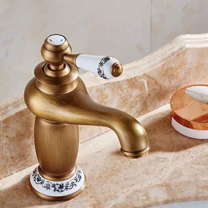 Vintage Bathroom Sink Mixer Faucet, Monobloc Washroom Basin Taps Single Handle One Hole Deck Mounted, Mono Retro Style Water Taps Hot and Cold Hose