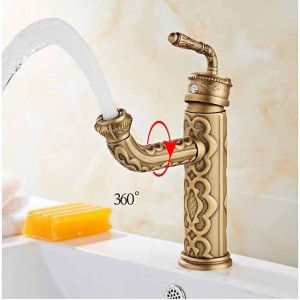 Vintage Bathroom Sink Mixer Faucet, 360 Swivel Spout Retro Monobloc Washroom Basin Taps, Antique Water Tap Single Handle One Hole Deck Mounted with Hot and Cold Hose