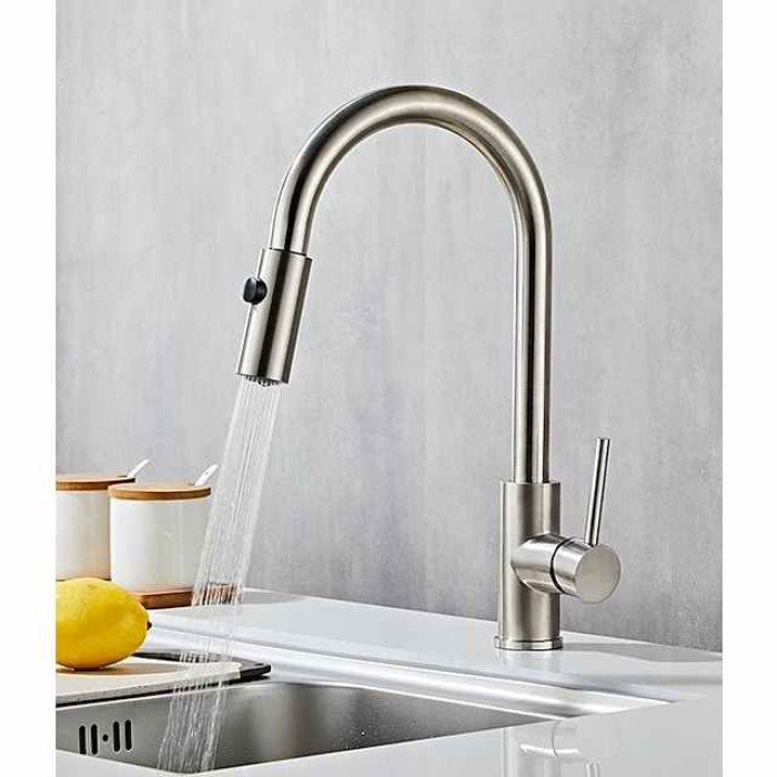 Stainless Steel Kitchen Sink Mixer Faucet with Pull Out Sprayer Grey, 360 Swivel Single Handle High Arc Spring Kitchen Taps Deck Mounted, Single Hole Kitchen Sink Faucet Water Vessel Taps