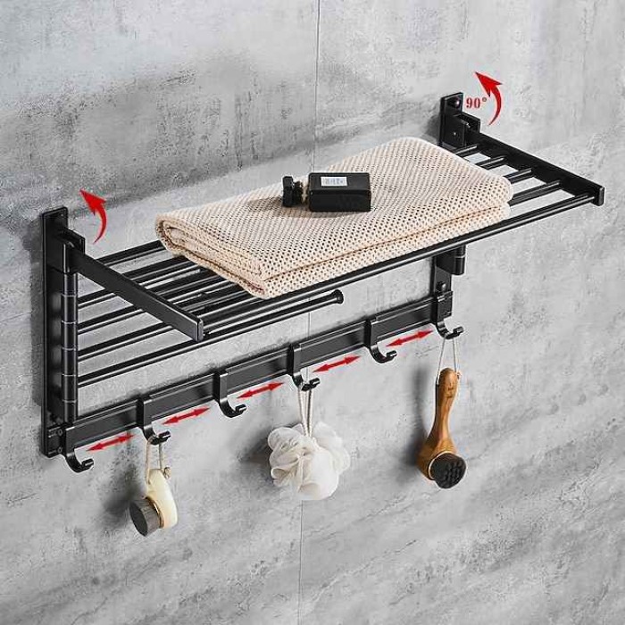 Stainless Steel Towel Rack,Bathroom Towel Rack with Shelf,Foldable Towel Shelf with Movable Hooks Rustproof Towel Storage Wall Mount for Bathroom Lavatory Matte Black