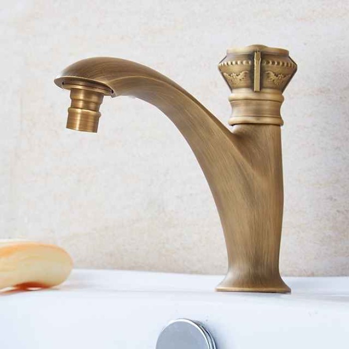 Vintage Bathroom Sink Faucet Cold Water Only, Monobloc Washroom Basin Taps Single Handle One Hole Deck Mounted Retro Antique Style