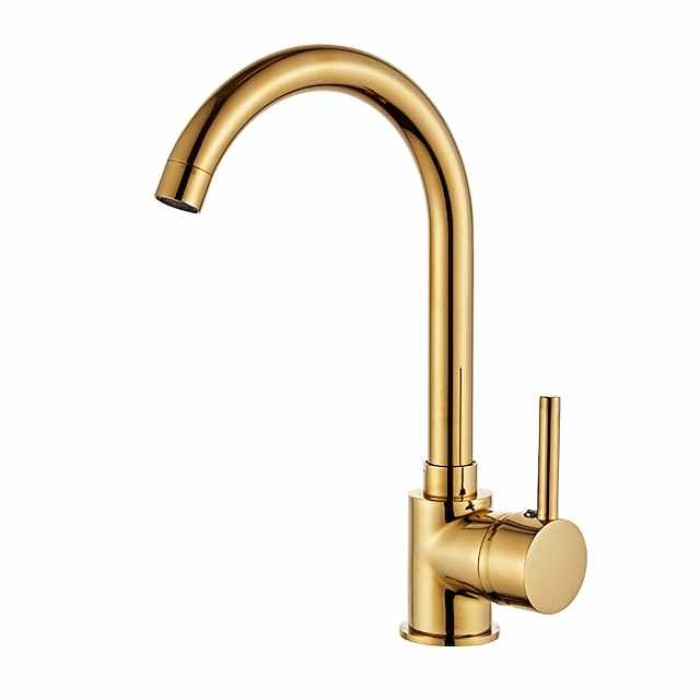 Kitchen Sink Mixer Faucet 360 Swivel, Single Handle Kitchen Taps Deck Mounted, One Hole Brass Kitchen Sink Faucet Water Vessel Taps with Hot Cold Hose Chrome Black Rose Golden