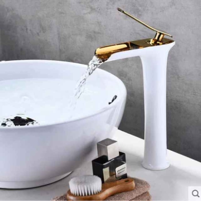 Waterfall Bathroom Sink Mixer Faucet Tall, Mono Wash Basin Single Handle Basin Taps Washroom with Hot and Cold Hose Monobloc Vessel Water Brass Tap Deck Mounted Grey Black Golden