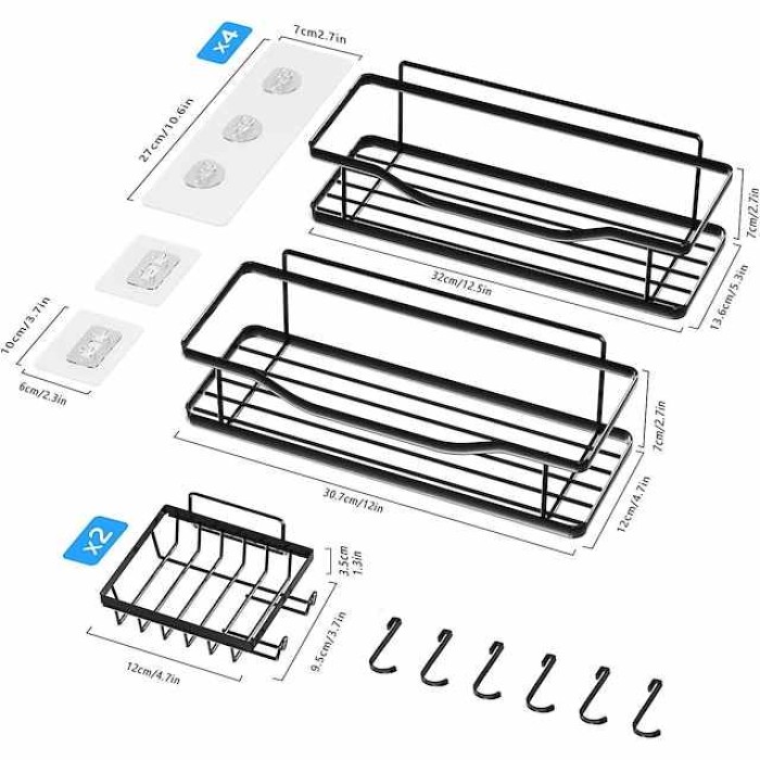 Shower Storage, 2pcs Adhesive Shower Rack, Shower Shelf, No Drilling Rustproof Stainless Steel Shower Organizer For Inside Shower & Kitchen Storage (Matte Black)