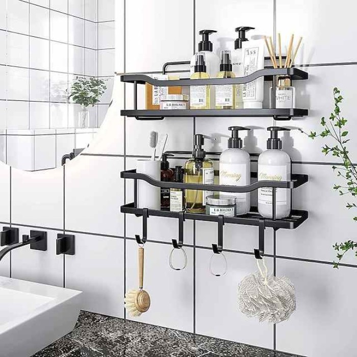 Shower Storage, 2pcs Adhesive Shower Rack, Shower Shelf, No Drilling Rustproof Stainless Steel Shower Organizer For Inside Shower & Kitchen Storage (Matte Black)