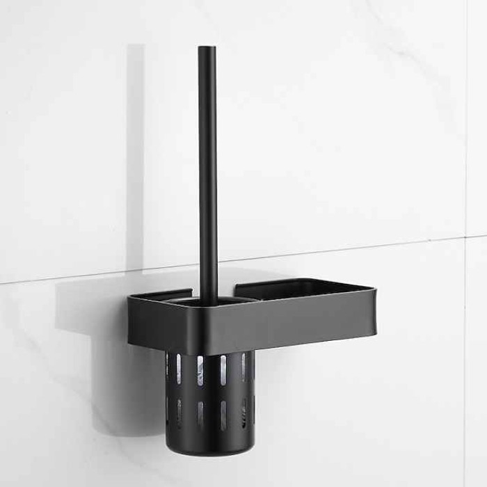 Toilet Brush with Holder Shelf Set, Space Aluminum Black Toilet Brush, for Toilets Organization Hotel Home Use Bathroom Storage