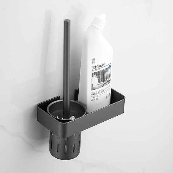 Toilet Brush with Holder Shelf Set, Space Aluminum Black Toilet Brush, for Toilets Organization Hotel Home Use Bathroom Storage