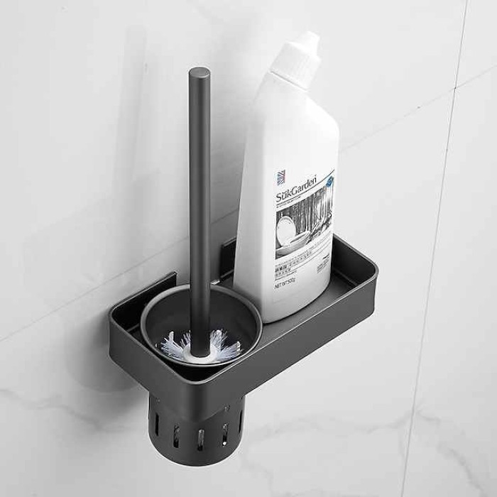 Toilet Brush with Holder Shelf Set, Space Aluminum Black Toilet Brush, for Toilets Organization Hotel Home Use Bathroom Storage