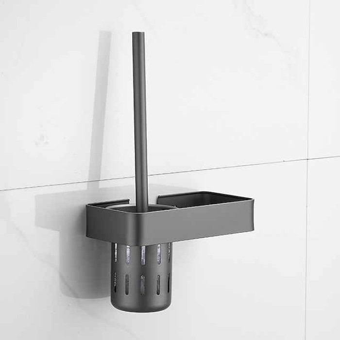 Toilet Brush with Holder Shelf Set, Space Aluminum Black Toilet Brush, for Toilets Organization Hotel Home Use Bathroom Storage