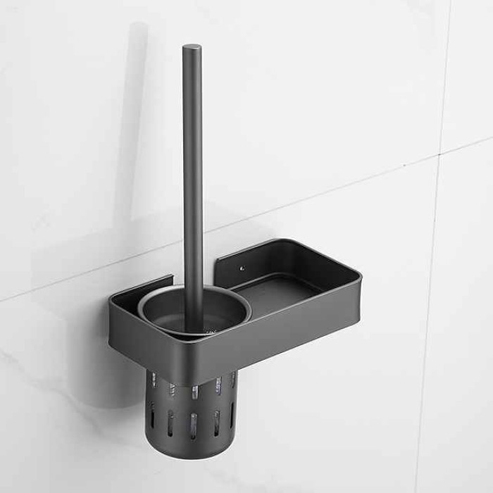 Toilet Brush with Holder Shelf Set, Space Aluminum Black Toilet Brush, for Toilets Organization Hotel Home Use Bathroom Storage