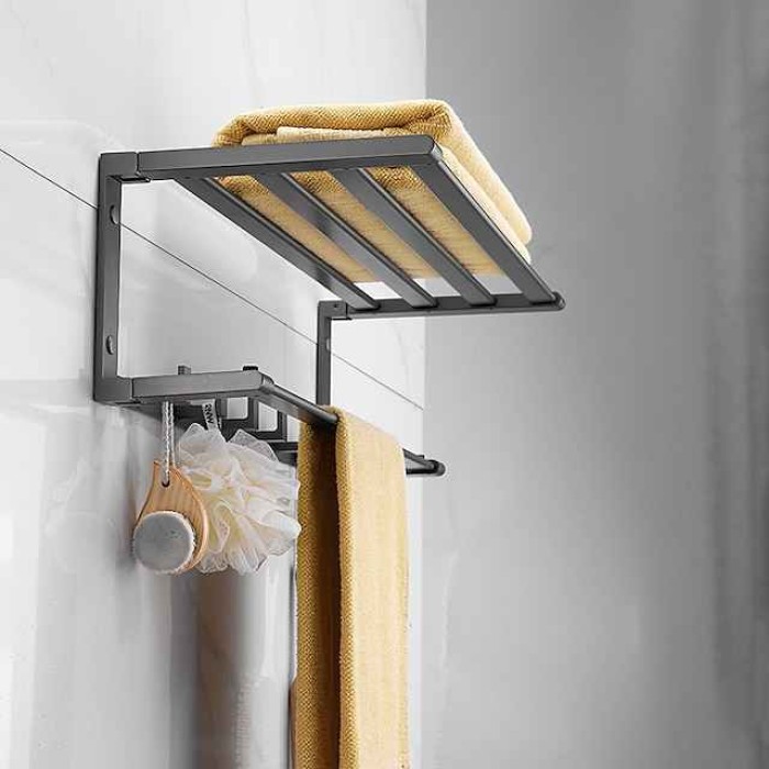 Towel Rack with Towel Bar Holder Aluminum Foldable Towel Shelf with Movable Hooks Rustproof Towel Storage Wall Mount for Bathroom Lavatory Gray/Matte Black