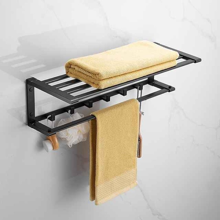 Towel Rack with Towel Bar Holder Aluminum Foldable Towel Shelf with Movable Hooks Rustproof Towel Storage Wall Mount for Bathroom Lavatory Gray/Matte Black