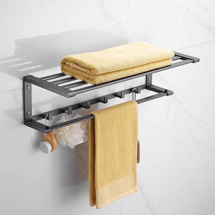 Towel Rack with Towel Bar Holder Aluminum Foldable Towel Shelf with Movable Hooks Rustproof Towel Storage Wall Mount for Bathroom Lavatory Gray/Matte Black