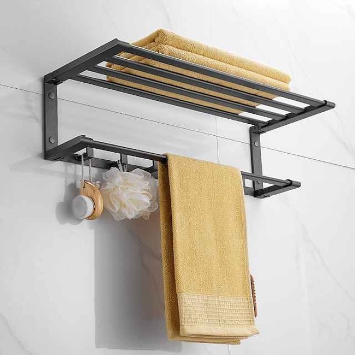 Towel Rack with Towel Bar Holder Aluminum Foldable Towel Shelf with Movable Hooks Rustproof Towel Storage Wall Mount for Bathroom Lavatory Gray/Matte Black