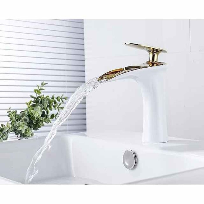 Waterfall Bathroom Sink Mixer Faucet, Mono Wash Basin Single Handle Basin Taps with Hot and Cold Hose Monobloc Vessel Water Brass Tap Deck Mounted