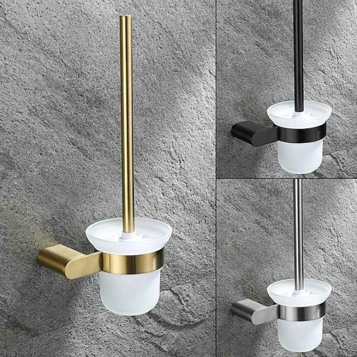 Bathroom Toilet Brush with Holder SUS304 Stainless Steel Storage Organiser Stylish  Brush Holder Rustproof Wall Mount Matte Black