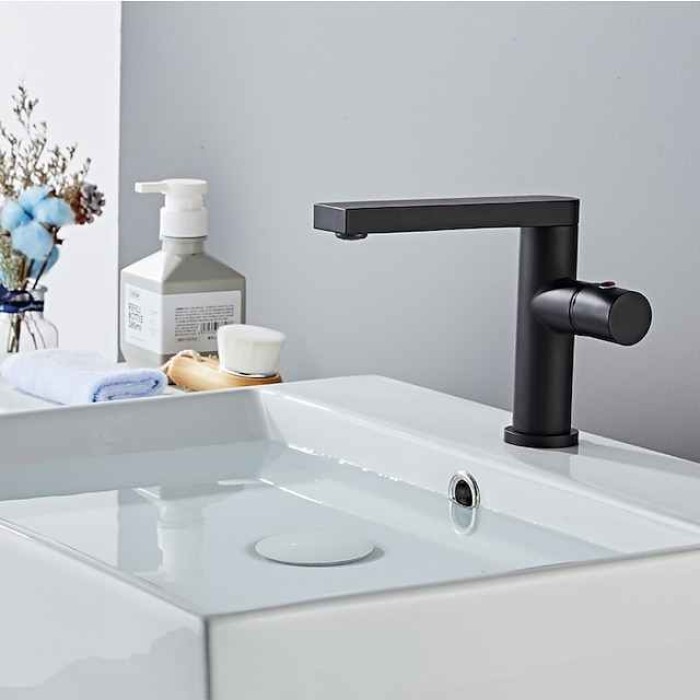 Bathroom Sink Mixer Faucet Tall Short, Monobloc Washroom Basin Taps Single Handle One Hole Deck Mounted with Hot and Cold Hose, Golden Black Taps