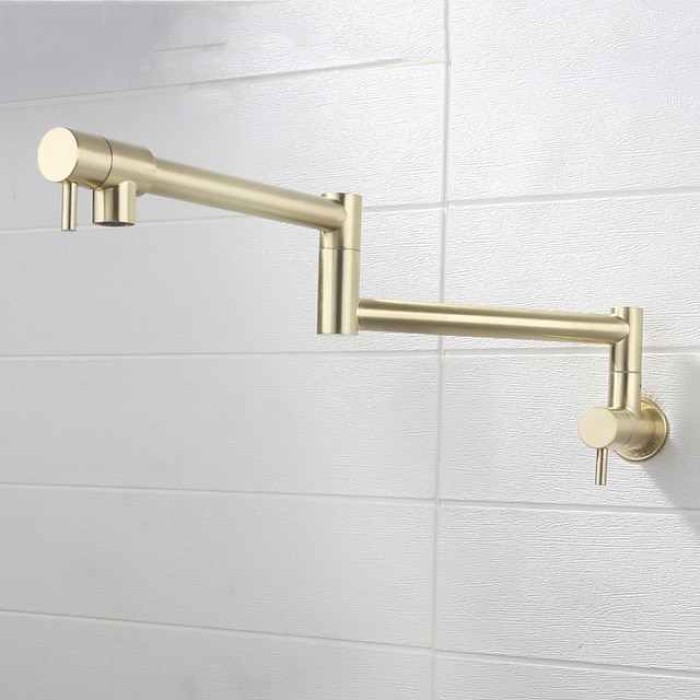 Pot Filler Bathroom Faucet Only Cold Water Stainless Steel, Brushed Golden Foldable Sink Wall Mount Folding Fill Pot Basin Tap Double Joint Swing Arm Single Hole 2 Handle