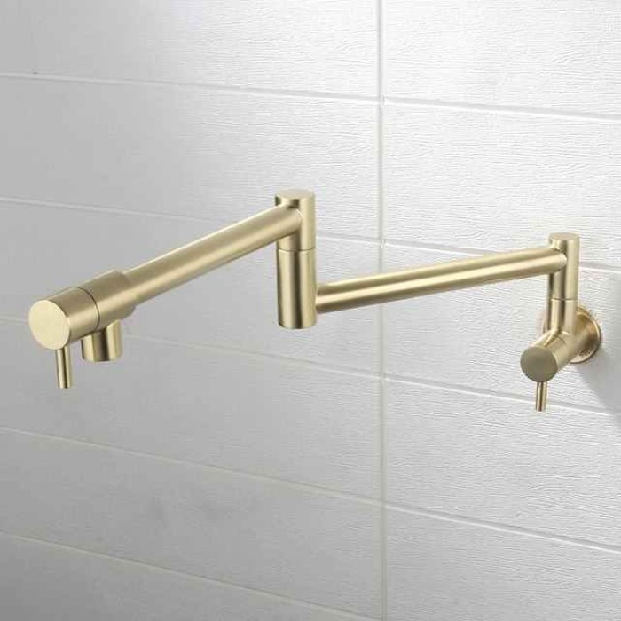 Pot Filler Bathroom Faucet Only Cold Water Stainless Steel, Brushed Golden Foldable Sink Wall Mount Folding Fill Pot Basin Tap Double Joint Swing Arm Single Hole 2 Handle