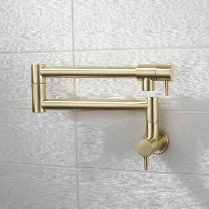 Pot Filler Bathroom Faucet Only Cold Water Stainless Steel, Brushed Golden Foldable Sink Wall Mount Folding Fill Pot Basin Tap Double Joint Swing Arm Single Hole 2 Handle