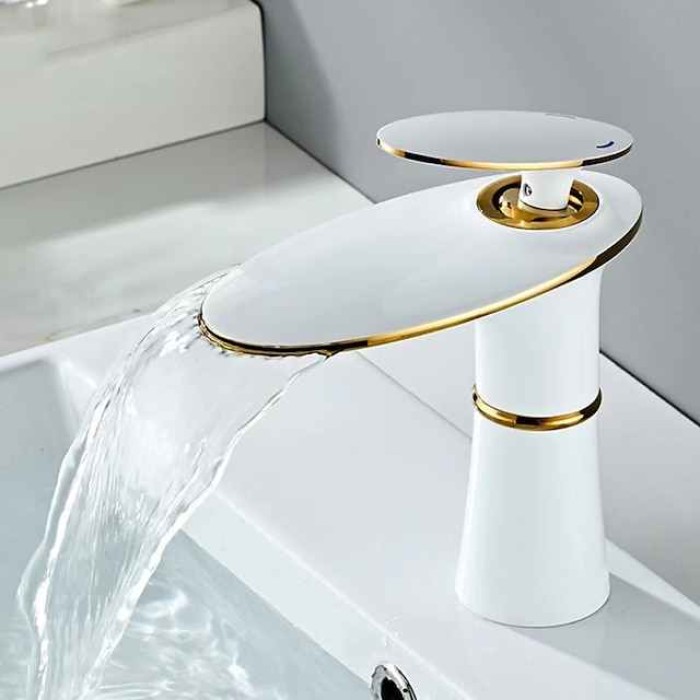 Waterfall Bathroom Sink Mixer Faucet Round, Wash Basin Taps Single Handle Washroom with Hot and Cold Hose Monobloc Vessel Water Brass Tap Deck Mounted