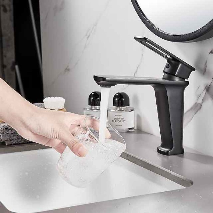 Bathroom Sink Mixer Faucet, Monobloc Washroom Basin Taps Single Handle One Hole Deck Mounted with Hot and Cold Hose