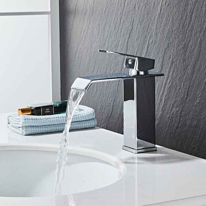 Waterfall Bathroom Sink Mixer Faucet, Washroom Mono Basin Taps Single Handle Deck Mounted Chrome Black Brushed, with Cold and Hot Hose Monobloc Water Tap