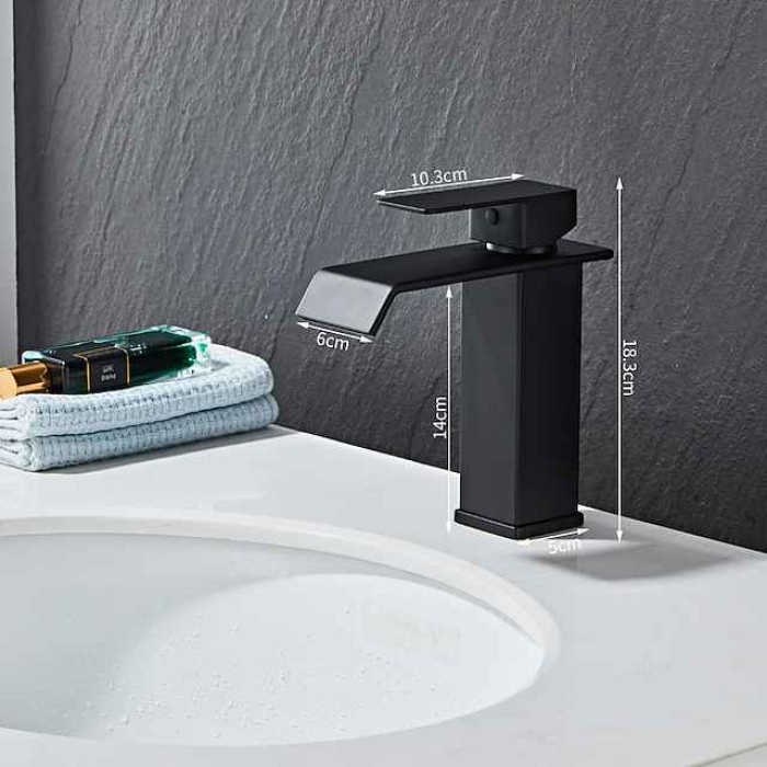 Waterfall Bathroom Sink Mixer Faucet, Washroom Mono Basin Taps Single Handle Deck Mounted Chrome Black Brushed, with Cold and Hot Hose Monobloc Water Tap