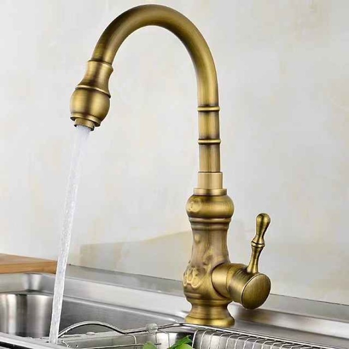 Traditional Kitchen Sink Mixer Faucet Swivel Spout Rotates 360°, Retro Style Single Handle Kitchen Taps Deck Mounted, One Hole Brass Vintage Water Vessel Taps