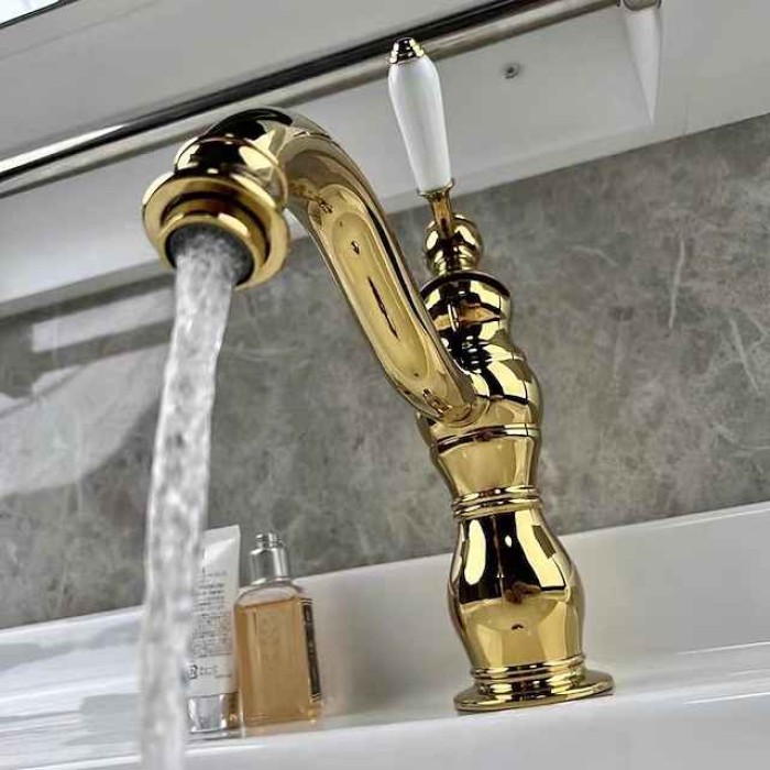 Bathroom Faucet Sink Mixer Basin Taps Deck Mounted, Washroom Vessel Water Brass Tap Single Handle One Hole Golden Chrome