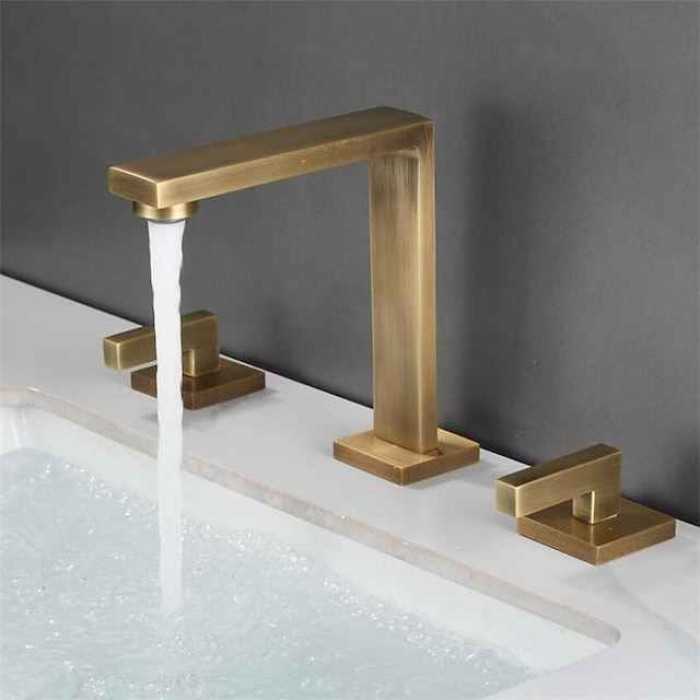 Widespread Bathroom Sink Mixer Faucet, 360 Swivel Brass 3 Hole 2 Handle Basin Tap Deck Mounted, Washroom Basin Vessel Water Tap with Hot and Cold Hose Black Chrome Golden White Grey