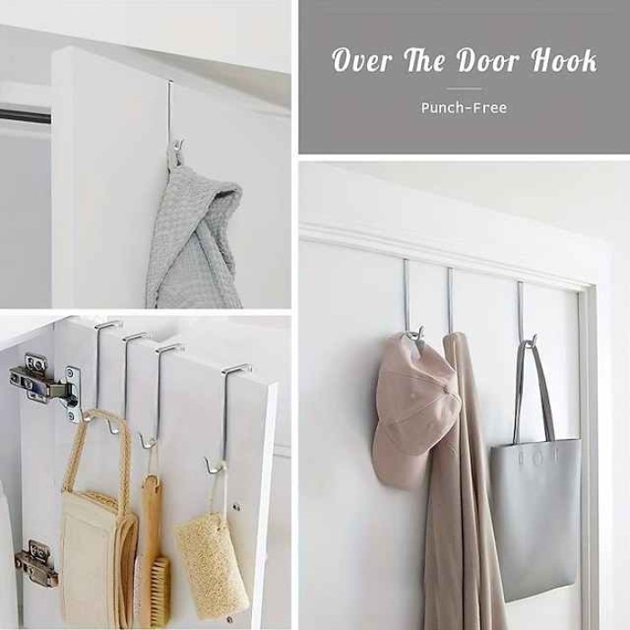 8pcs Over The Door Hooks Heavy Duty Stainless Steel Hanger Organizer For Living Room Bathroom Bedroom Kitchen Hanging Clothes Towels Hats Coats Bags