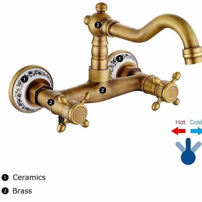 Vintage Brass Bathtub Faucet Wall Mounted Dual Handle Bath Tub Taps, Bathroom Mixer Tap, with Cold and Hot Hose