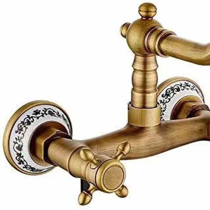 Vintage Brass Bathtub Faucet Wall Mounted Dual Handle Bath Tub Taps, Bathroom Mixer Tap, with Cold and Hot Hose