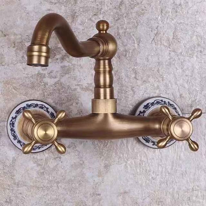 Vintage Brass Bathtub Faucet Wall Mounted Dual Handle Bath Tub Taps, Bathroom Mixer Tap, with Cold and Hot Hose