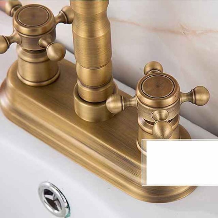 Bathroom Faucet Sink Mixer Basin Taps Deck Mounted, Vintage Style Twin Handle Rotating, Washroom 2 Hole Brushed Brass Tap with Cold and Hot Hose